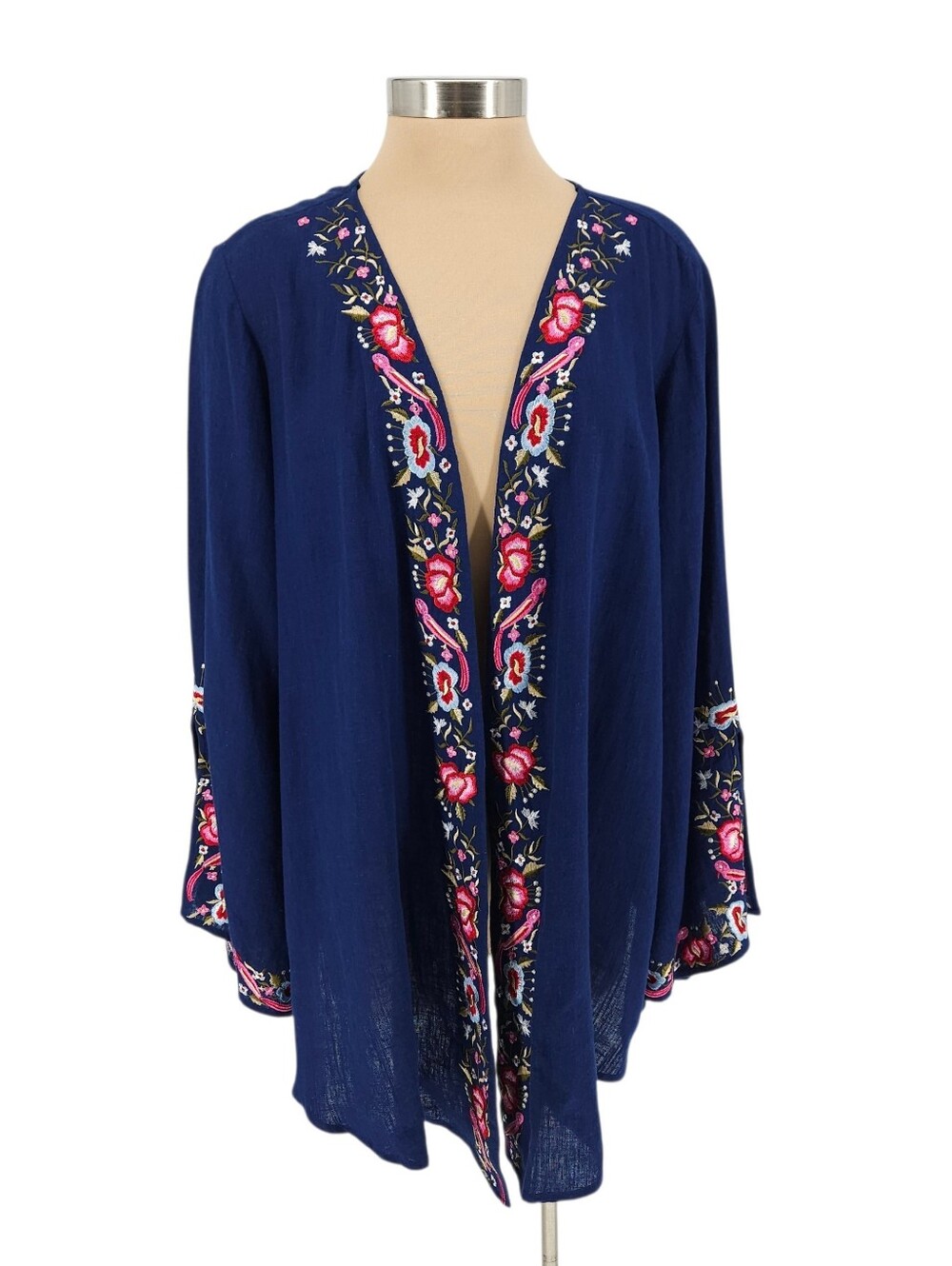 Market & Spruce Kimono Linen Navy Floral Embroidered Long Sleeve Split Cuff 2X